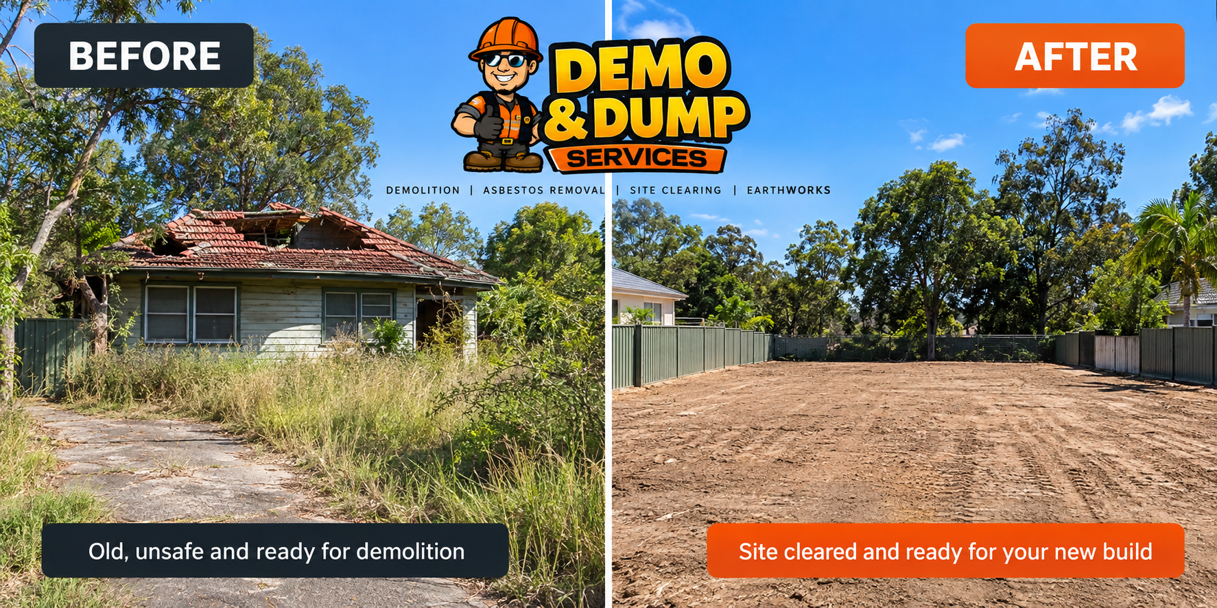 Before and after house demolition — real job by Demo & Dump Services NSW